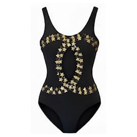 CHANEL 24C PASSERELLA NUOVETAGLIE COSTUME DA BAGNO NERO ORO APPLICAZIONE STELLA FR 34