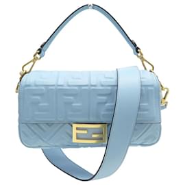 NUOVO BORSO FENDI BAGUETTE IN PELLE CON LOGO FF 8BR600 BLU BORSA A SPALLA