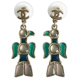 Orecchini pendenti rari Chanel 07A CC Uccello Azteco Multicolore in Pietra Gripoix