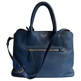 Borsa a mano aperta Promenade in pelle Saffiano blu di Prada