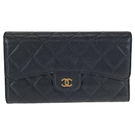 Portafoglio lungo in pelle caviar nera matelassé Chanel