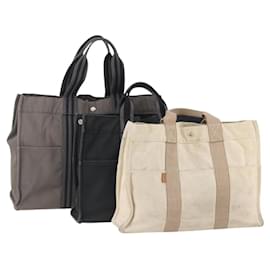 HERMES Fourre Tout MM Handtasche aus Canvas 3 Set Grau Schwarz Beige Auth 175804 - Hermès