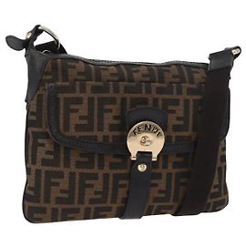 Borsa a Spalla in Tela Zucca FENDI Nera Marrone Auth 177159A