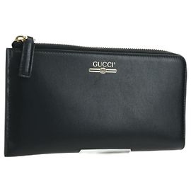 GUCCI Cartera Larga Redonda en L de Cuero Negro Dorado 573116 Auth am11415V