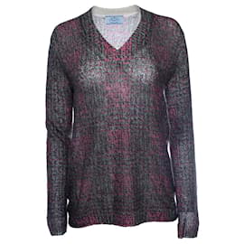 Prada, pink und grün bedruckter V-Ausschnitt-Pullover