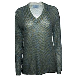 Prada, blauer und grüner bedruckter V-Ausschnitt-Pullover
