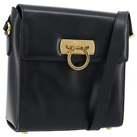 Borsa a Spalla Gancini in Pelle Salvatore Ferragamo Blu Navy Oro Auth ka4141