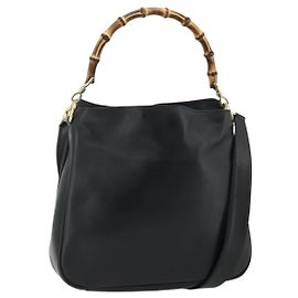 Borsa a Spalla Gucci Bamboo in Pelle 2 in 1 Nero Oro 001 1998 1638 Auth ep14094
