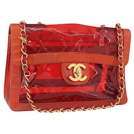 CHANEL Borsa a Spalla Matelassé Catena Vinile Rosso Oro CC Auth 177136A