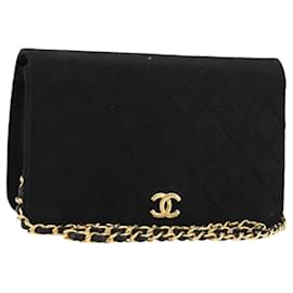 CHANEL Borsa a Spalla Matelassé Catena Cotone Nero Oro CC Auth bs34514