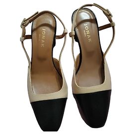Jonak Black and Beige Leather Slingback Heeled Sandals