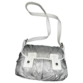 Celine Borsa a spalla in nylon argento e pelle bianca - Céline