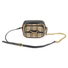 Burberry Borsa a tracolla in pelle nera con motivo check vintage