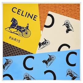 Foulard quadrato in twill di seta blu crema giallo - Céline