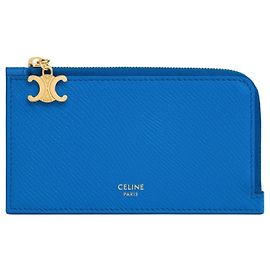 Céline Porta tarjetas con cremallera larga en piel de ternera granulada azul ultra