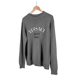 Herrenpullover aus Wolle mit Milano-Stich und gesticktem Logo - Grau - Versace