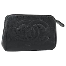 Portafoglio CHANEL in pelle caviar nera con CC dorato Auth bs34754