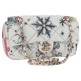 CHANEL Matelassé 26 Borsa a Spalla con Catena Nylon Bianco Oro CC Auth 176536SAV