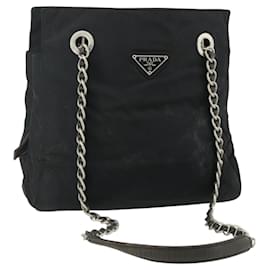 Borsa Tote a Catena Prada in Nylon Nero Argento Auth bs34649