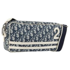 Borsa a Spalla in Tela Trotter Christian Dior PVC Blu Navy Argento Auth 176185