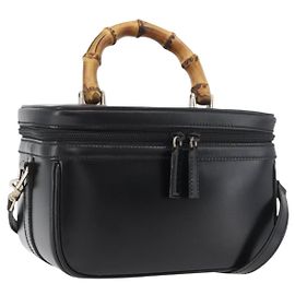 GUCCI Bamboo Vanity Handtasche Leder 2-Wege Schwarz Silber Auth 175718