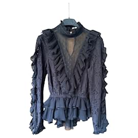 Autre Marque Schwarze Spitzenbluse mit Rüschen