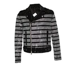 Giacca da biker a righe con strass Balmain