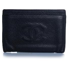 Chanel, Kartenhalter aus schwarzem genarbtem Leder