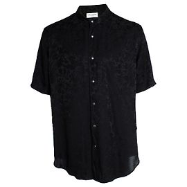 Camicia nera in seta a maniche corte con stampa floreale Saint Laurent