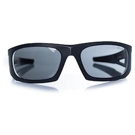 Prada, matte black sunglasses with red logo