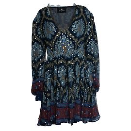 Etro, minidress in seta jacquard con maniche a palloncino in blu