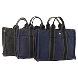 Hermès HERMES Borsa Fourre Tout PM in tela 3 pezzi Blu Marino Nero Auth 175803