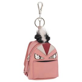 FENDI Monster Eyes Bag Charm Leather Pink Silver Auth 176072A