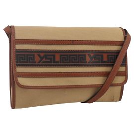 Saint Laurent Borsa a Spalla in Tela Beige Oro Auth ep14127