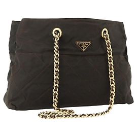 Borsa Tote in Nylon Marrone e Oro PRADA con Catena Auth bs34691
