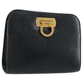 Borsa a Spalla Gancini in Pelle Salvatore Ferragamo Blu Navy Oro Auth 177157