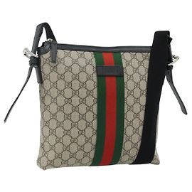 Gucci Borsa GG Supreme Web Sherry Line PVC Beige Argento 387111 Auth ka4079