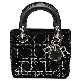 Dior Mini Schwarz aus Samt Cannage mit Strass verziert Lady Dior