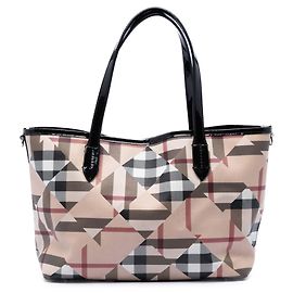 Borsa a mano in tela rivestita con motivo check beige di Burberry