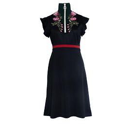 Schwarzes technisches Jersey-Kleid mit Blumen und Rollkragen von Gucci
