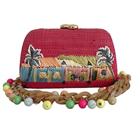 Autre Marque Serpui Bestickte Raphia Clutch Rosa Tropische Tasche Abnehmbare Träger