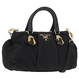 PRADA Borsa a Mano Nylon 2 vie Nero Oro Auth 178100