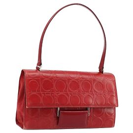 Salvatore Ferragamo Gancini Hand Bag Leather Red Silver Auth BA12430