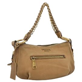 PRADA Borsa a Spalla con Catena Pelle Beige Oro Auth 178257