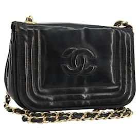 CHANEL COCO Borsa a Spalla Mark Chain Pelle Verniciata Nera Oro CC Auth 177993
