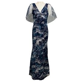 Autre Marque Formelles Kleid aus glitzerndem Tüll in Marineblau / Silber mit Cape-Ärmeln von Marchesa Notte