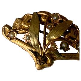 Autre Marque Spilla Art Nouveau Oro e Perle decorazione floreale 1900
