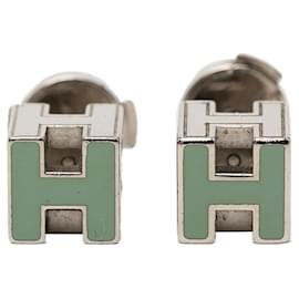 Hermès Green Palladium Plated Enamel Cage dH Cube Push Back Earrings