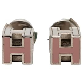 Hermès Pink Palladium Plated Enamel Cage D H Push Back Earrings