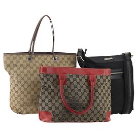 Borsa a Spalla GG Canvas Gucci Nylon 3 Pezzi Beige Nero Auth ti3900